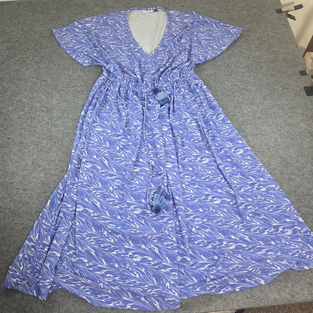 Cabana Life x Talbots M Blue White UPF 50 Maxi Swim Cover Up Dress Tassel Resort